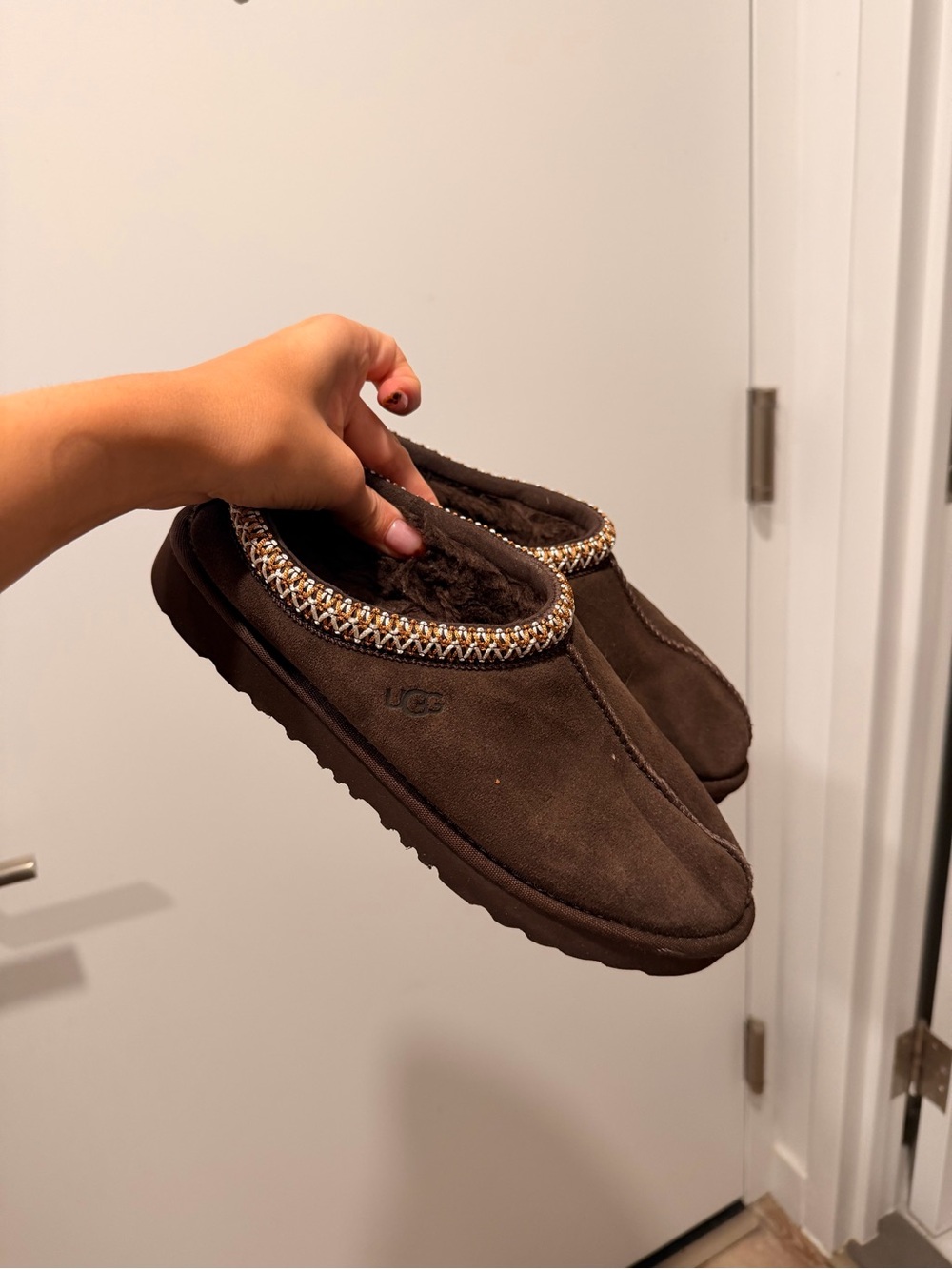 UGG Women’s Dark Brown Suede Cozy Clog Mules with Braided Trim